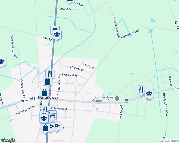 map of restaurants, bars, coffee shops, grocery stores, and more near 410 East Cannon Street in Hemingway