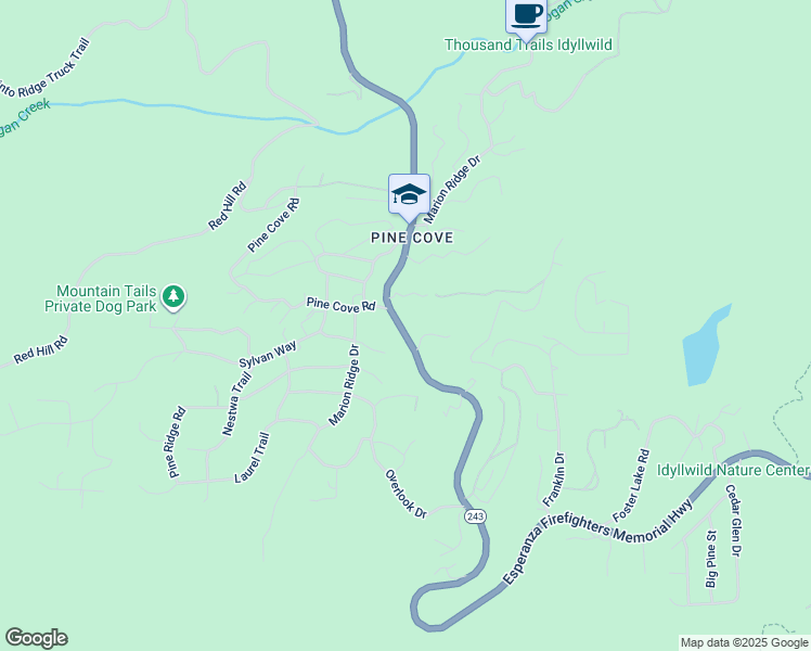 map of restaurants, bars, coffee shops, grocery stores, and more near Esperanza Firefighters Memorial Highway in Idyllwild-Pine Cove