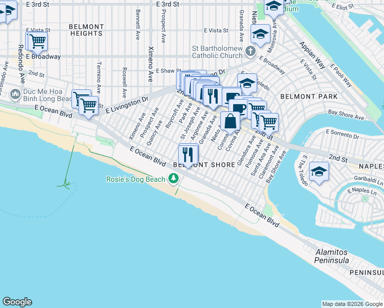 map of restaurants, bars, coffee shops, grocery stores, and more near 75 Granada Avenue in Long Beach