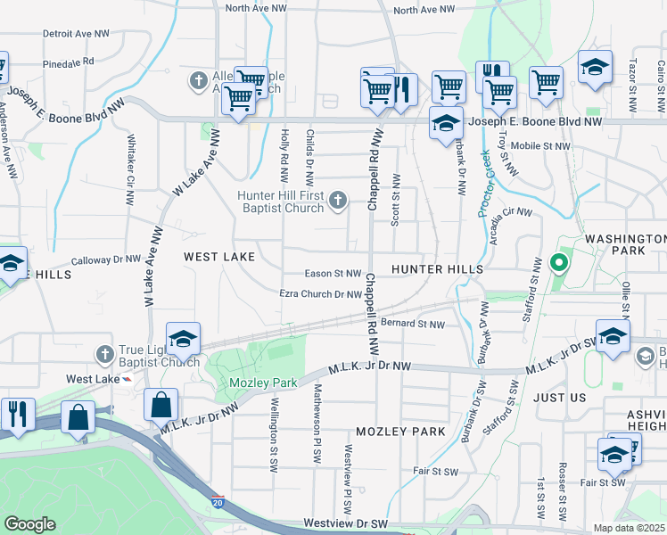 map of restaurants, bars, coffee shops, grocery stores, and more near 1433 Eason Street Northwest in Atlanta