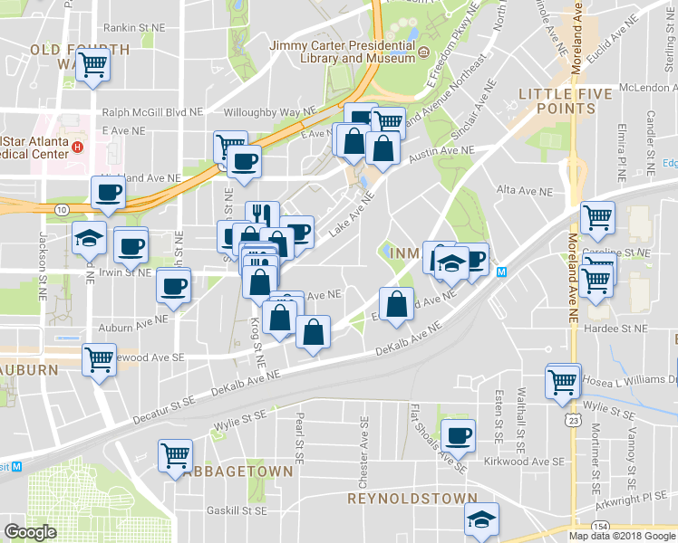 map of restaurants, bars, coffee shops, grocery stores, and more near 835 Ashland Avenue Northeast in Atlanta