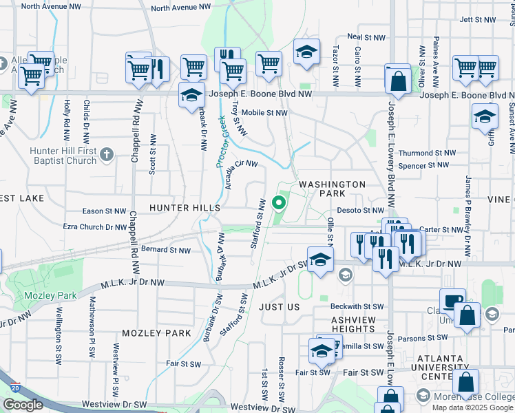 map of restaurants, bars, coffee shops, grocery stores, and more near 84 Stafford Street Northwest in Atlanta