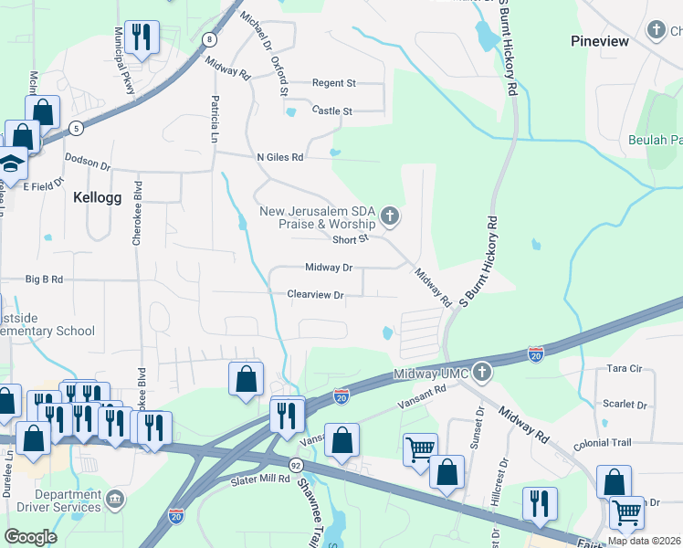map of restaurants, bars, coffee shops, grocery stores, and more near 4249 Midway Drive in Douglasville