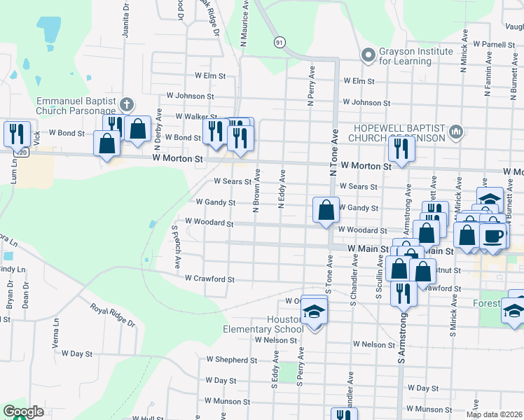 map of restaurants, bars, coffee shops, grocery stores, and more near 1328 West Gandy Street in Denison