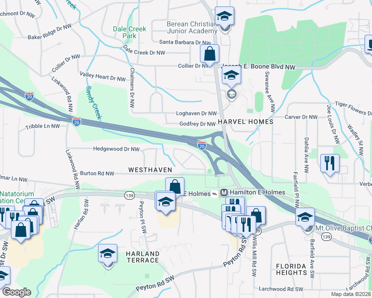 map of restaurants, bars, coffee shops, grocery stores, and more near 2448 Laurel Circle Northwest in Atlanta