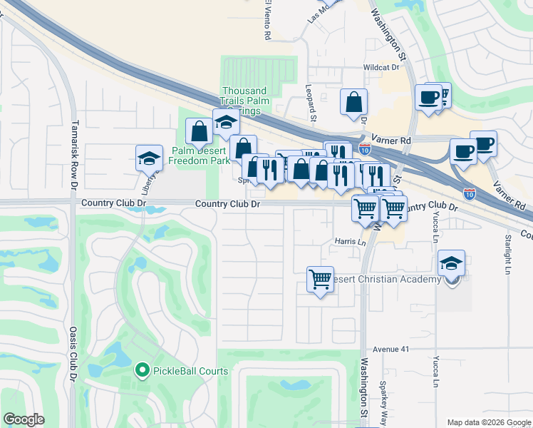 map of restaurants, bars, coffee shops, grocery stores, and more near 77667 Barons Circle in Palm Desert