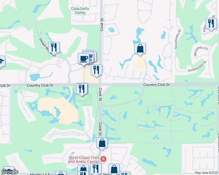 map of restaurants, bars, coffee shops, grocery stores, and more near 2 Lost River Drive in Palm Desert