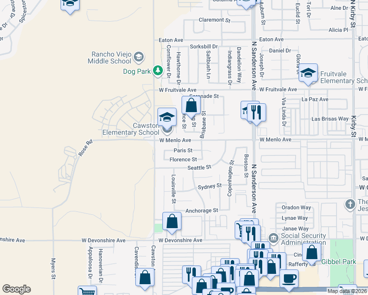 map of restaurants, bars, coffee shops, grocery stores, and more near 3866 Paris Street in Hemet