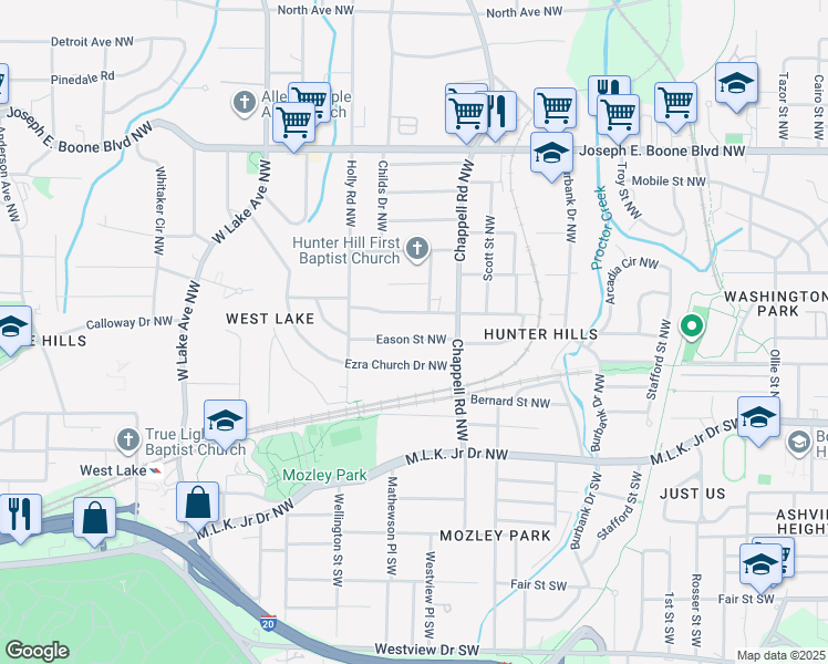 map of restaurants, bars, coffee shops, grocery stores, and more near 1447 Eason Street Northwest in Atlanta