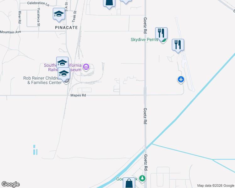 map of restaurants, bars, coffee shops, grocery stores, and more near 170 Mapes Road in Perris