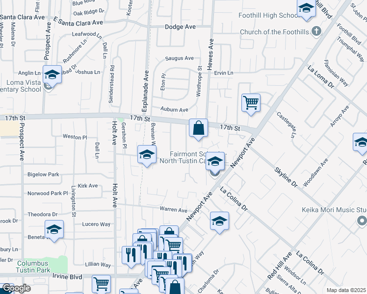 map of restaurants, bars, coffee shops, grocery stores, and more near 14121 Windsor Place in North Tustin