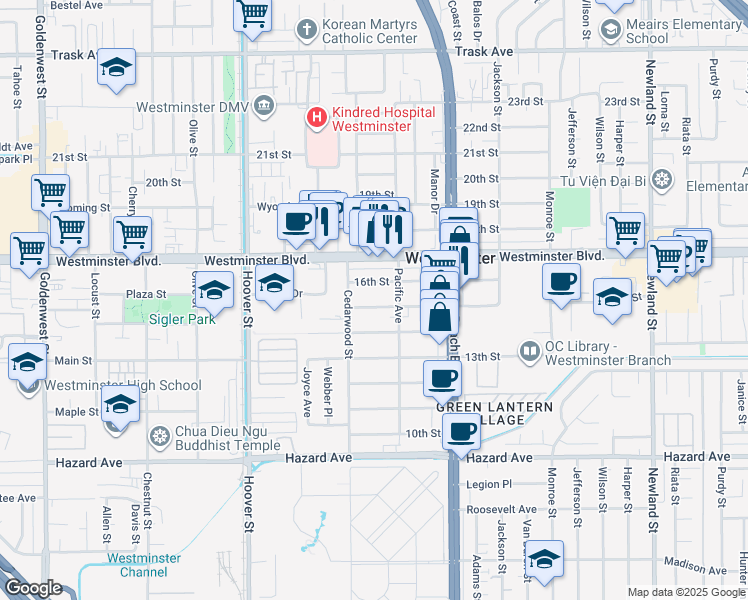 map of restaurants, bars, coffee shops, grocery stores, and more near 7797 15th Street in Westminster