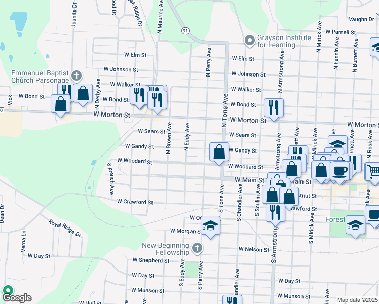 map of restaurants, bars, coffee shops, grocery stores, and more near 1230 West Gandy Street in Denison