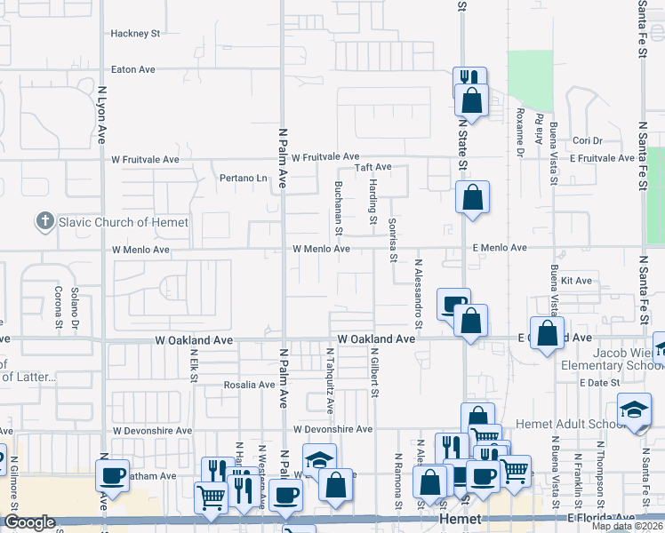 map of restaurants, bars, coffee shops, grocery stores, and more near 684 El Dorado Lane in Hemet