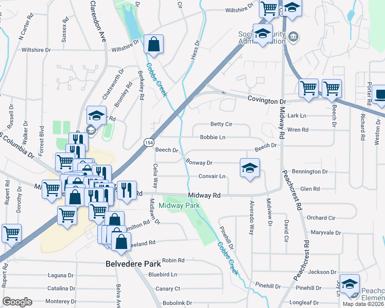 map of restaurants, bars, coffee shops, grocery stores, and more near 3177 Beech Drive in Decatur