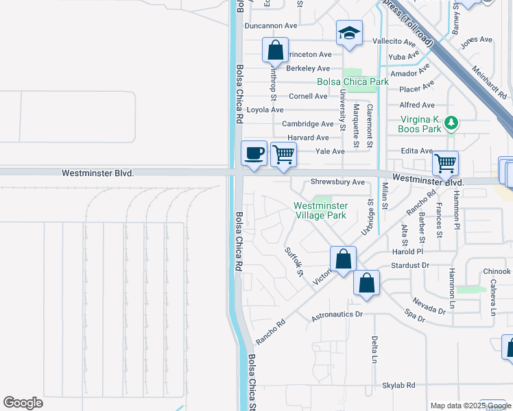 map of restaurants, bars, coffee shops, grocery stores, and more near 14116 Baker Street in Westminster