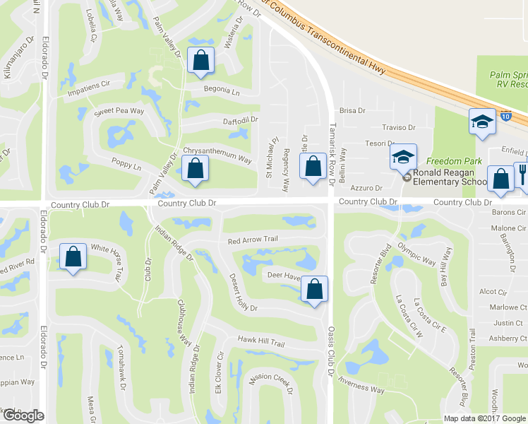 map of restaurants, bars, coffee shops, grocery stores, and more near 775 Box Canyon Trail in Palm Desert
