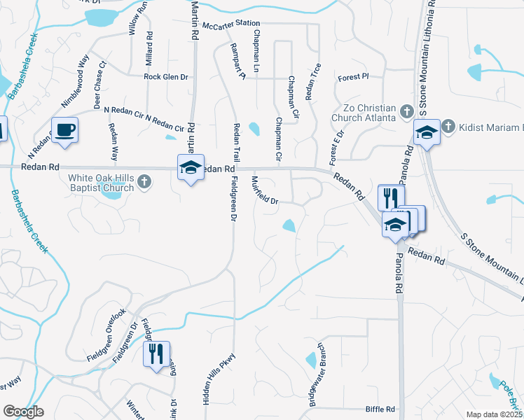 map of restaurants, bars, coffee shops, grocery stores, and more near 5220 Sweet Air Lane in Stone Mountain