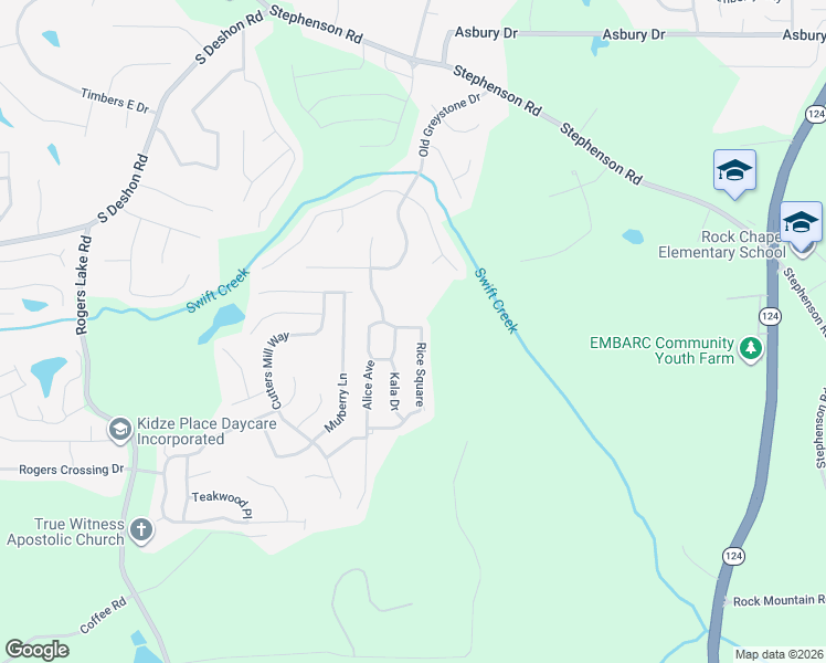map of restaurants, bars, coffee shops, grocery stores, and more near 1591 Rice Square in Lithonia