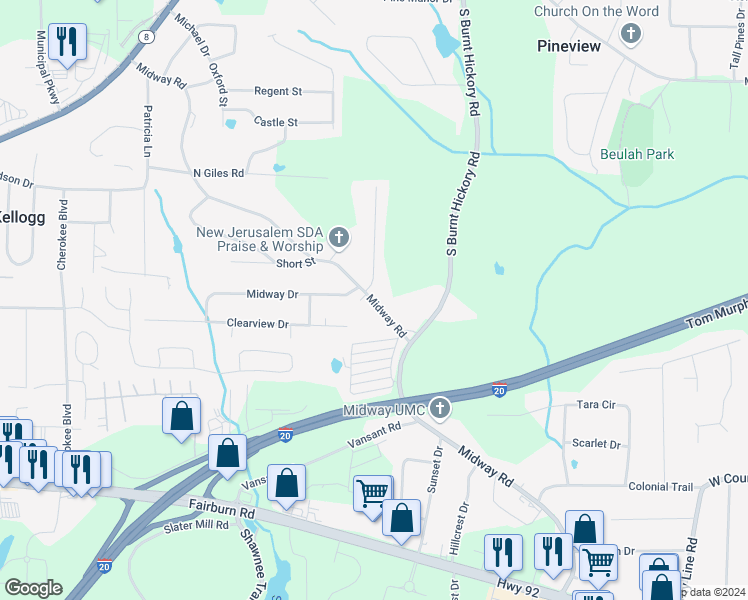 map of restaurants, bars, coffee shops, grocery stores, and more near 4142 Midway Road in Douglasville