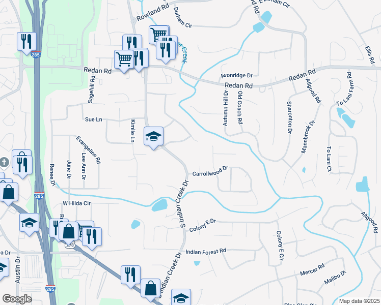 map of restaurants, bars, coffee shops, grocery stores, and more near 1346 South Indian Creek Drive in Stone Mountain