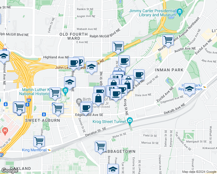 map of restaurants, bars, coffee shops, grocery stores, and more near 626 Irwin Street Northeast in Atlanta