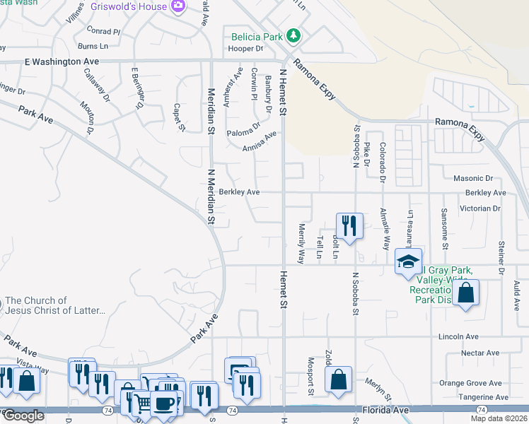 map of restaurants, bars, coffee shops, grocery stores, and more near 4455 Brighton Court in Hemet
