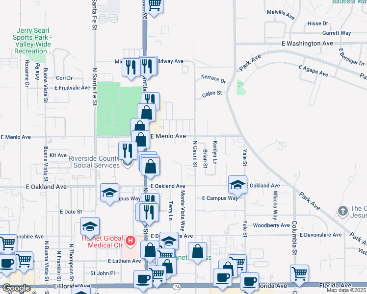 map of restaurants, bars, coffee shops, grocery stores, and more near 669 Euler Way in Hemet