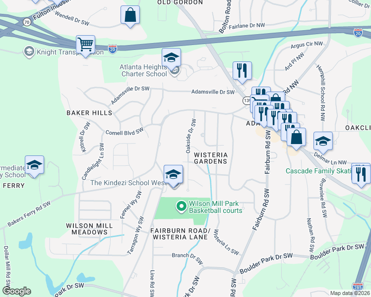map of restaurants, bars, coffee shops, grocery stores, and more near 487 Oakside Drive Southwest in Atlanta
