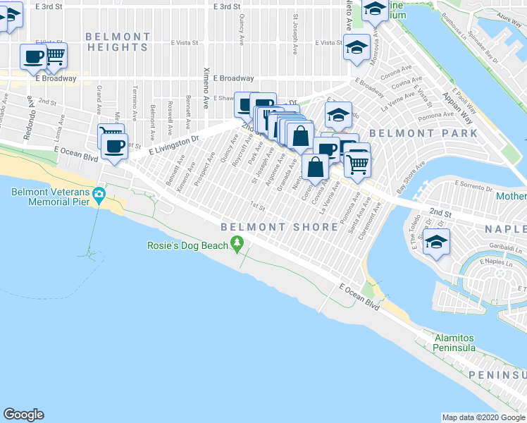 map of restaurants, bars, coffee shops, grocery stores, and more near 60 Argonne Avenue in Long Beach