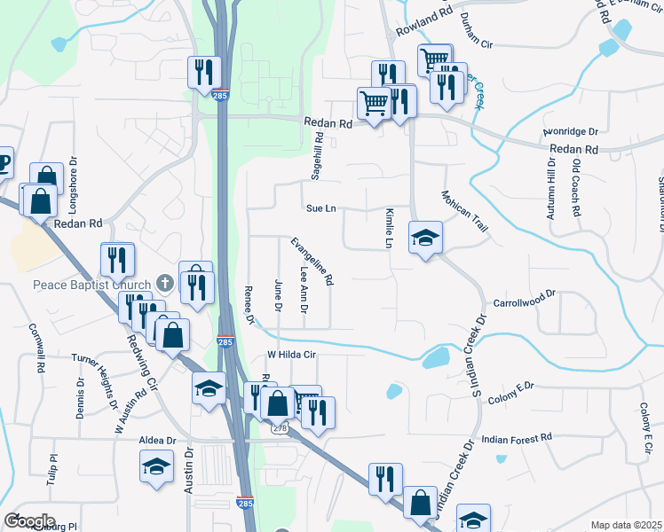 map of restaurants, bars, coffee shops, grocery stores, and more near 4104 Katrina Court in Decatur