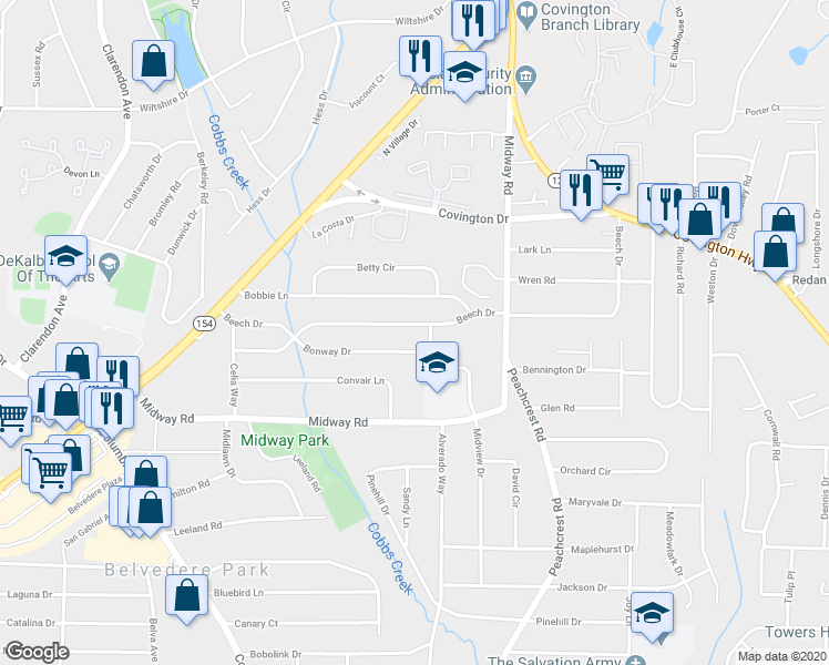 map of restaurants, bars, coffee shops, grocery stores, and more near 3289 Beech Drive in Decatur