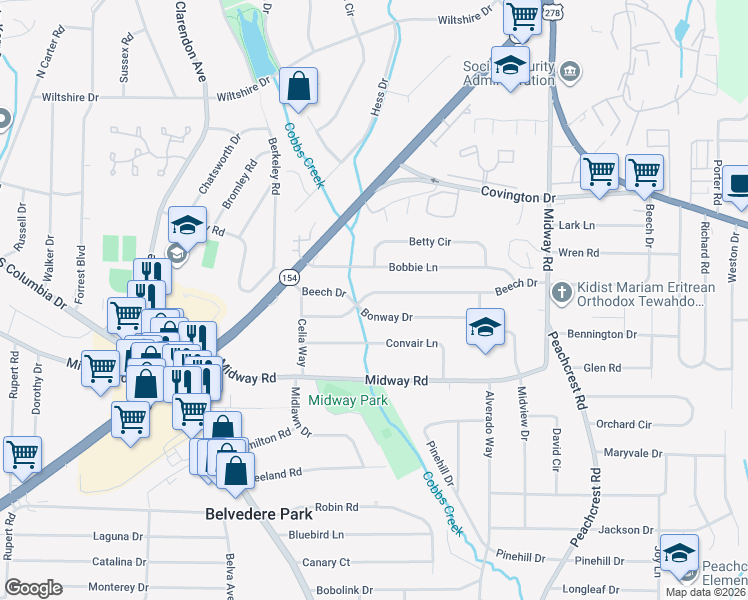 map of restaurants, bars, coffee shops, grocery stores, and more near 3177 Beech Drive in Decatur