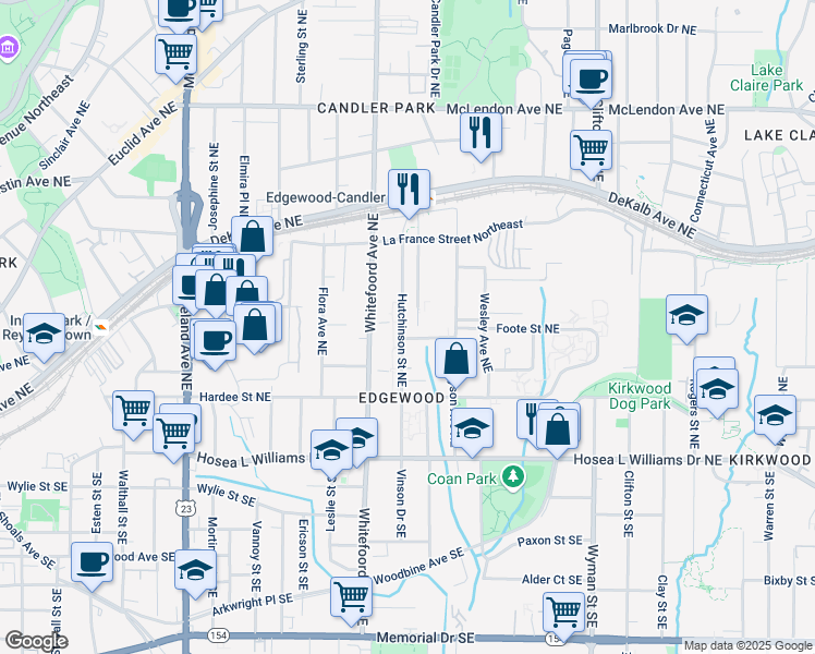 map of restaurants, bars, coffee shops, grocery stores, and more near 147 Hutchinson Street Northeast in Atlanta