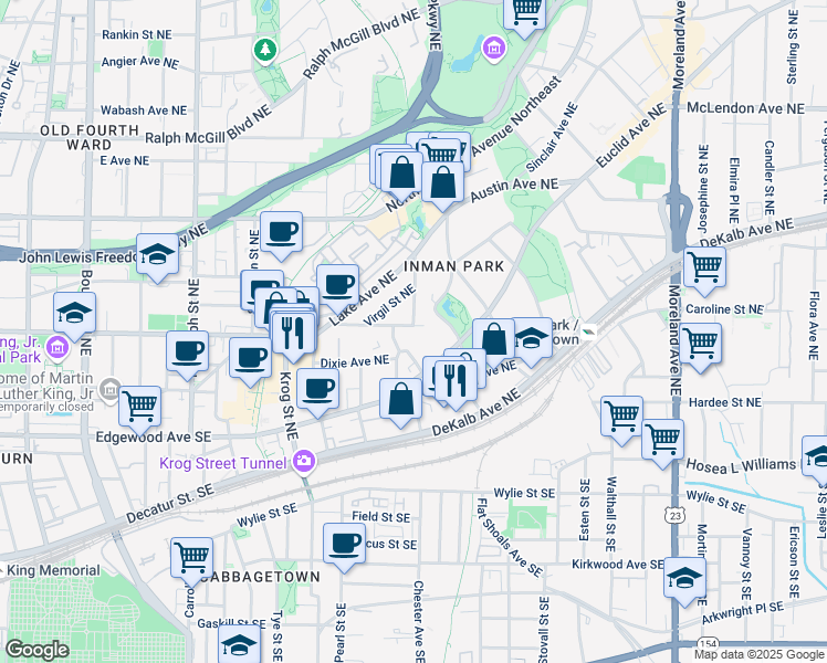map of restaurants, bars, coffee shops, grocery stores, and more near 865 Ashland Avenue Northeast in Atlanta