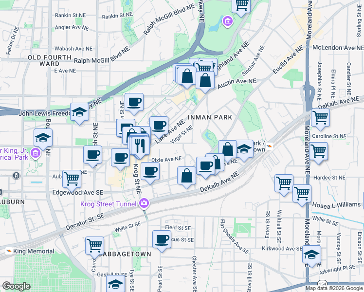 map of restaurants, bars, coffee shops, grocery stores, and more near 835 Ashland Avenue Northeast in Atlanta