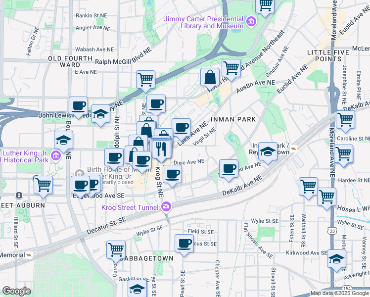 map of restaurants, bars, coffee shops, grocery stores, and more near 807 West Ashland Avenue Northeast in Atlanta