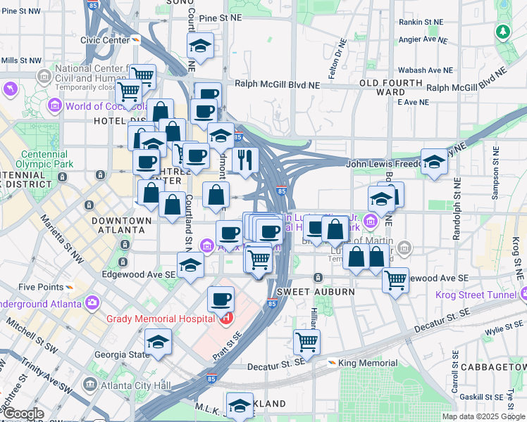 map of restaurants, bars, coffee shops, grocery stores, and more near 230 John Wesley Dobbs Avenue Northeast in Atlanta