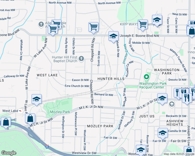 map of restaurants, bars, coffee shops, grocery stores, and more near 1347 Eason Street Northwest in Atlanta