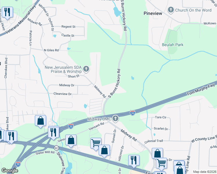 map of restaurants, bars, coffee shops, grocery stores, and more near 1775 South Burnt Hickory Road in Douglasville