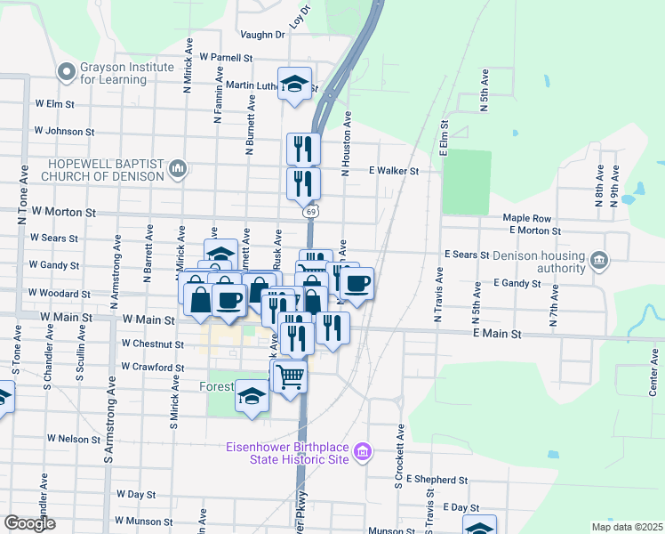 map of restaurants, bars, coffee shops, grocery stores, and more near 105 West Gandy Street in Denison