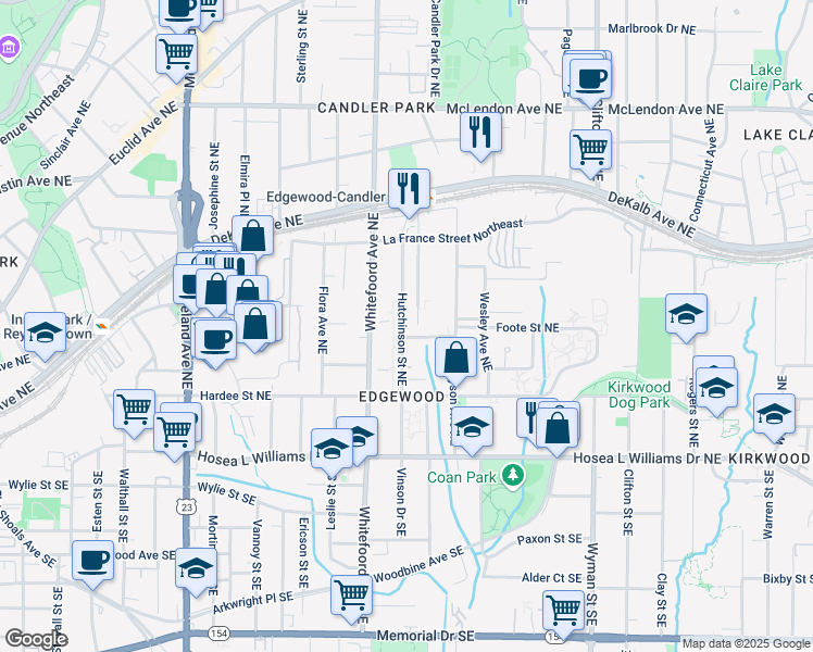 map of restaurants, bars, coffee shops, grocery stores, and more near 147 Hutchinson Street Northeast in Atlanta