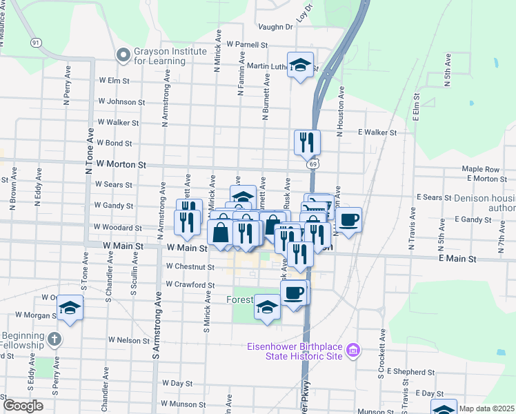 map of restaurants, bars, coffee shops, grocery stores, and more near 401 West Gandy Street in Denison