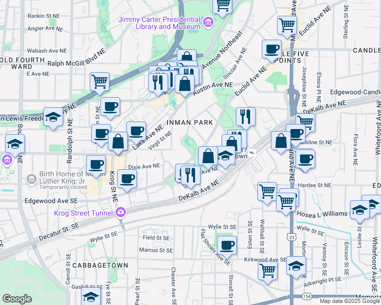 map of restaurants, bars, coffee shops, grocery stores, and more near Waverly Way Northeast in Atlanta