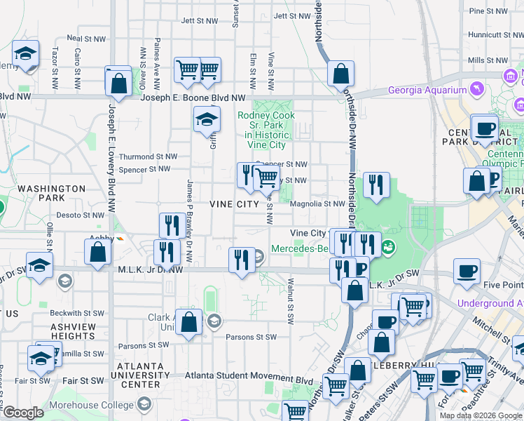 map of restaurants, bars, coffee shops, grocery stores, and more near 104 Vine Street Northwest in Atlanta