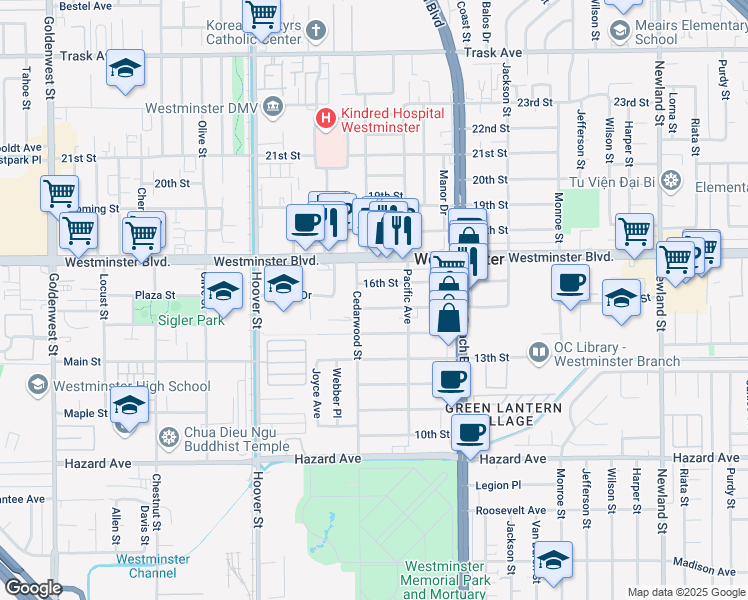 map of restaurants, bars, coffee shops, grocery stores, and more near in Westminster