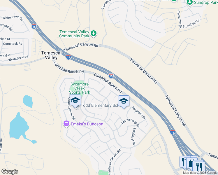 map of restaurants, bars, coffee shops, grocery stores, and more near 11108 Pinecone Street in Corona