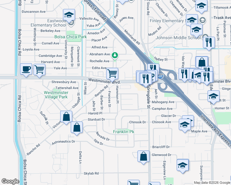 map of restaurants, bars, coffee shops, grocery stores, and more near 14081 Hammon Place in Westminster