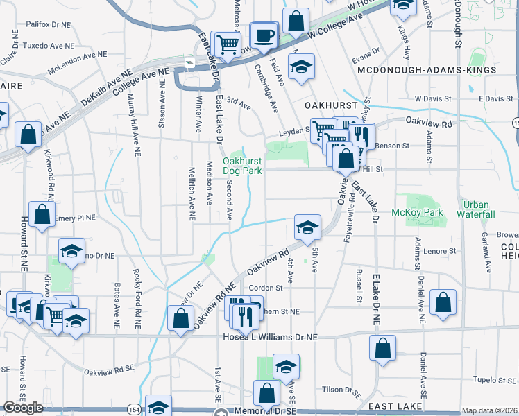 map of restaurants, bars, coffee shops, grocery stores, and more near 511 3rd Ave in Decatur