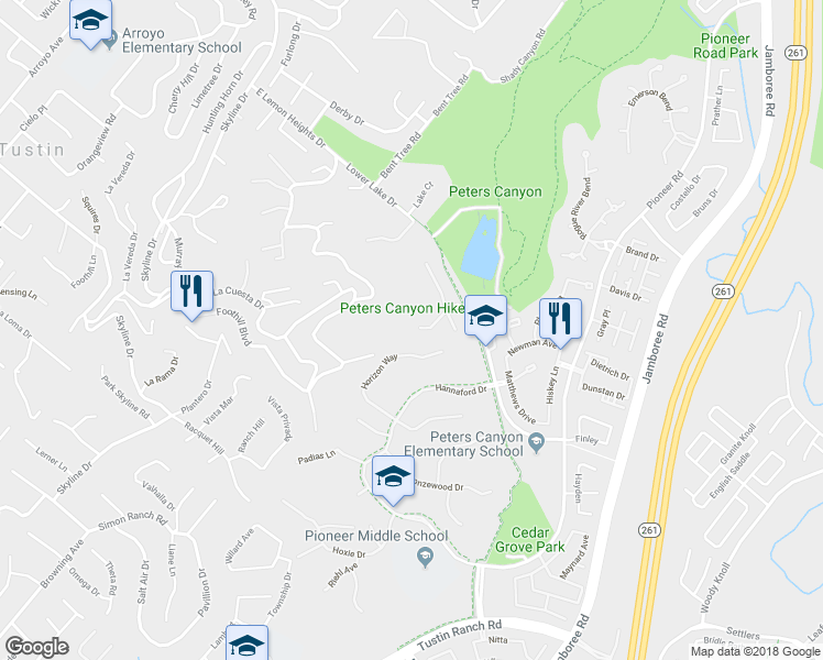 map of restaurants, bars, coffee shops, grocery stores, and more near 10885 Silverado Terrace in Tustin